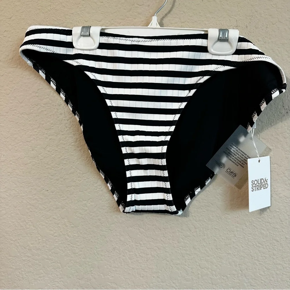 SOLID & STRIPED Bikini Bottom Elle Ribbed Noir Optic White Striped Black NWT